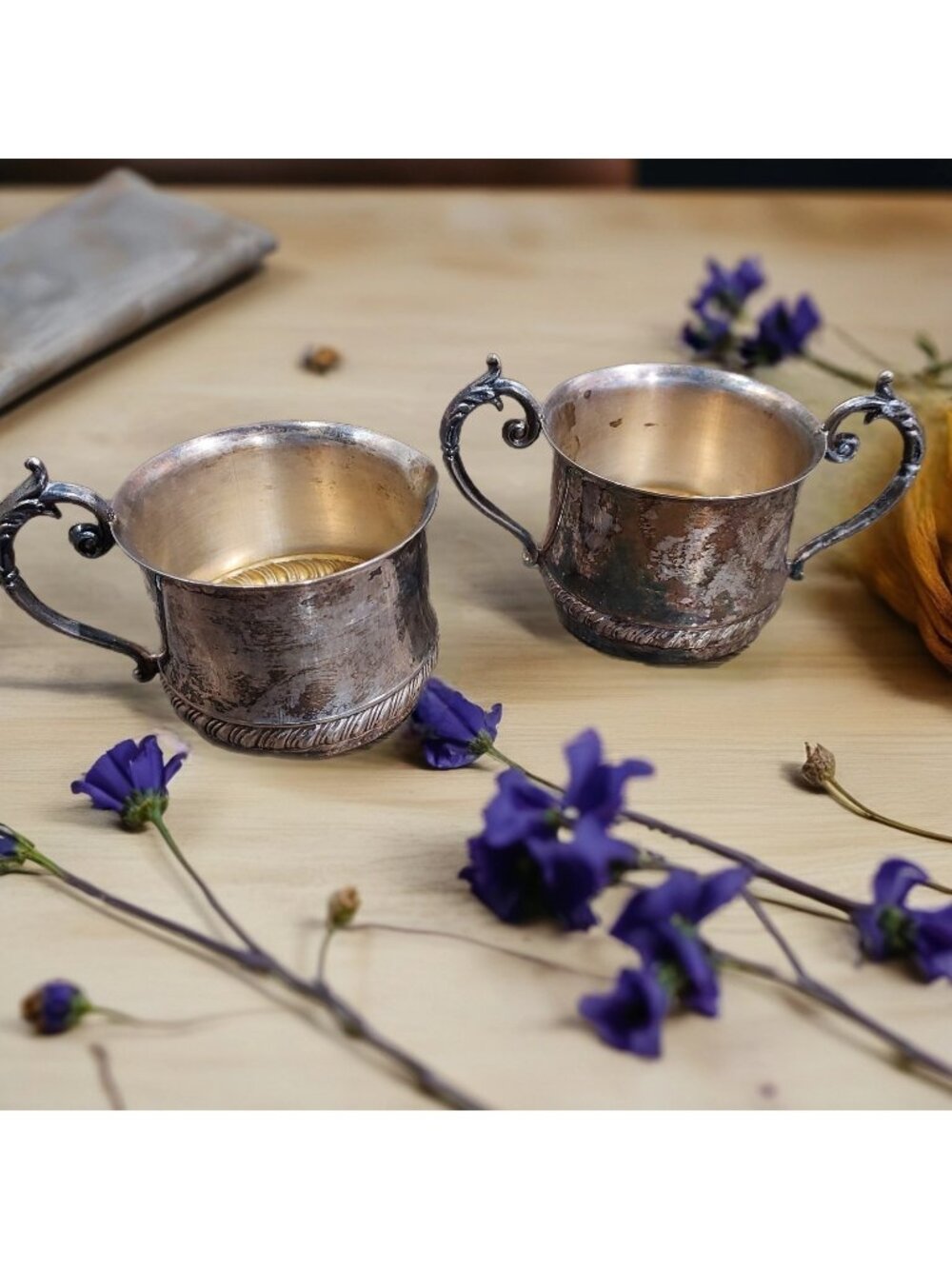 Cream and Sugar Set Silver Plate On Copper Vintage